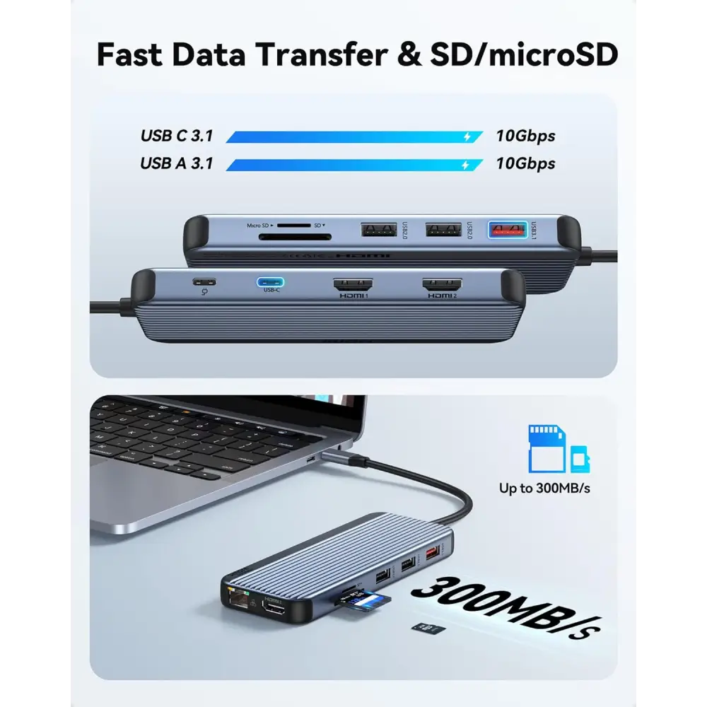 3 HDMI Docking Station Triple Monitor, USB C Dock 3 Monitor, 12-in-1 Laptop Docking Station Dual Monitor to 3 HDMI,10Gbps Type-C,USB 3.1,USB 2.0,100W PD,Ethernet,Audio,SD,TF Slots for Dell HP Lenovo