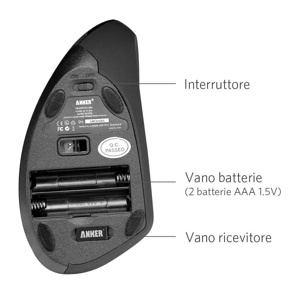 Anker 2.4G Wireless Vertical Ergonomic Optical Mouse 800/1200 /1600 DPI 5 Buttons for Laptop Desktop PC MacBook - Black