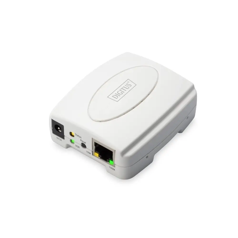 DIGITUS Fast Ethernet Print Server with Parallel Port, 1x RJ45, 1x DB-36-pin Male, Printer Server, DHCP Capable, TCP/IP, Easy Installation, Includes Power Supply, White