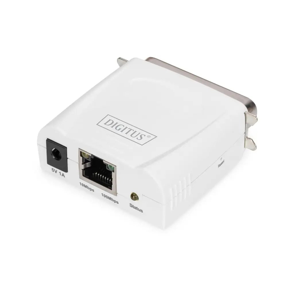 DIGITUS Fast Ethernet Print Server with Parallel Port, 1x RJ45, 1x DB-36-pin Male, Printer Server, DHCP Capable, TCP/IP, Easy Installation, Includes Power Supply, White