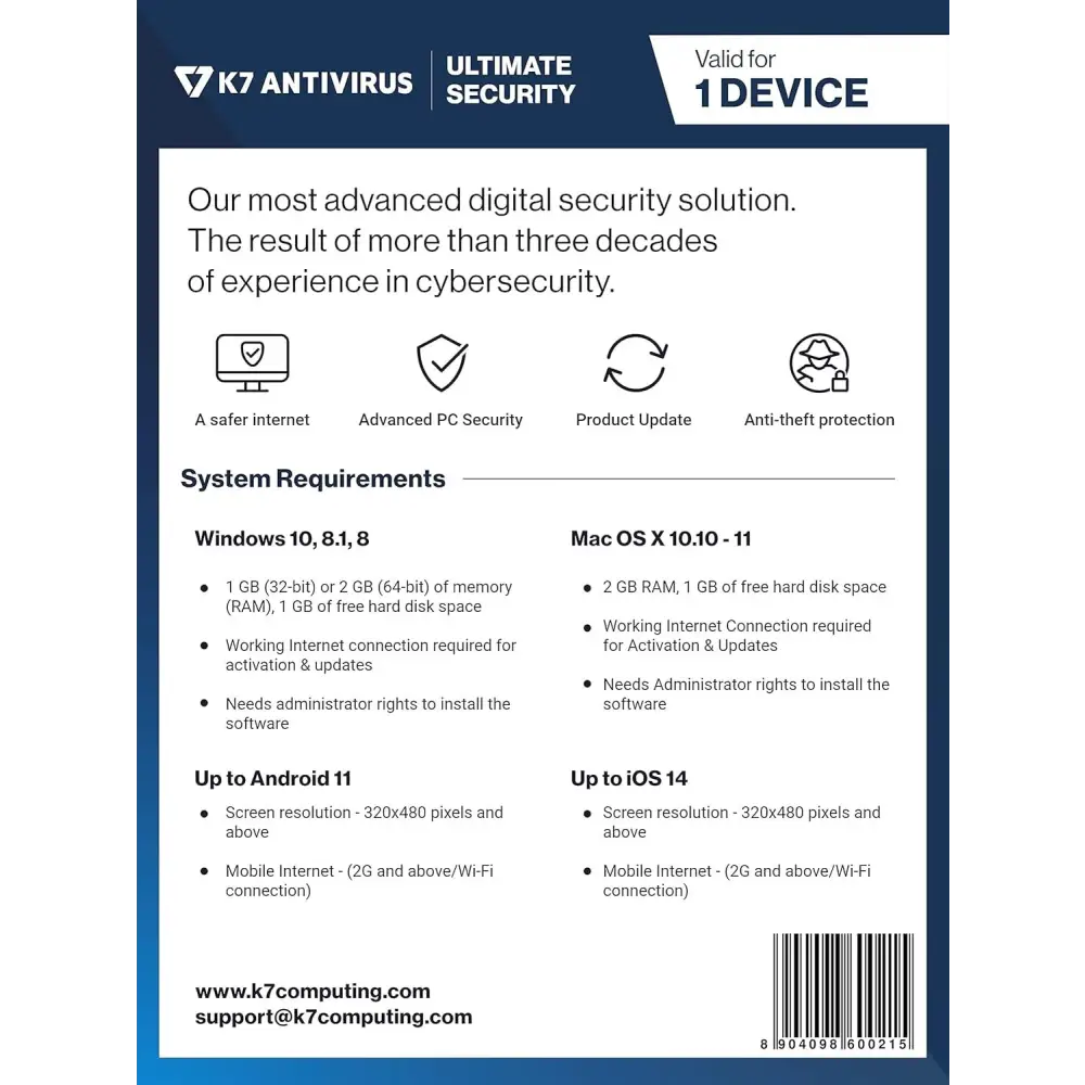 K7 Ultimate Security Antivirus Software 2025 |1 Devices, 1 Year| Threat Protection, Internet Security,Data Backup,Mobile Protection laptop,PC, Mac®,Phones,Tablets-No CD
