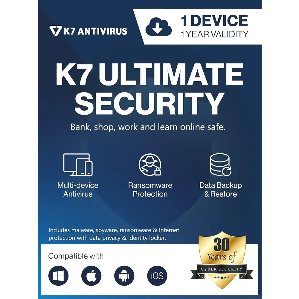 K7 Ultimate Security Antivirus Software 2025 |1 Devices, 1 Year| Threat Protection, Internet Security,Data Backup,Mobile Protection laptop,PC, Mac®,Phones,Tablets-No CD