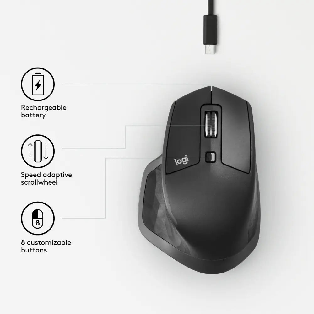 Logitech MX Master 2S Wireless Mouse, Multi-Device, Bluetooth or 2.4GHz Wireless with USB Unifying Receiver, 4000 DPI Any Surface Tracking, 7 Buttons, Fast Rechargeable,...