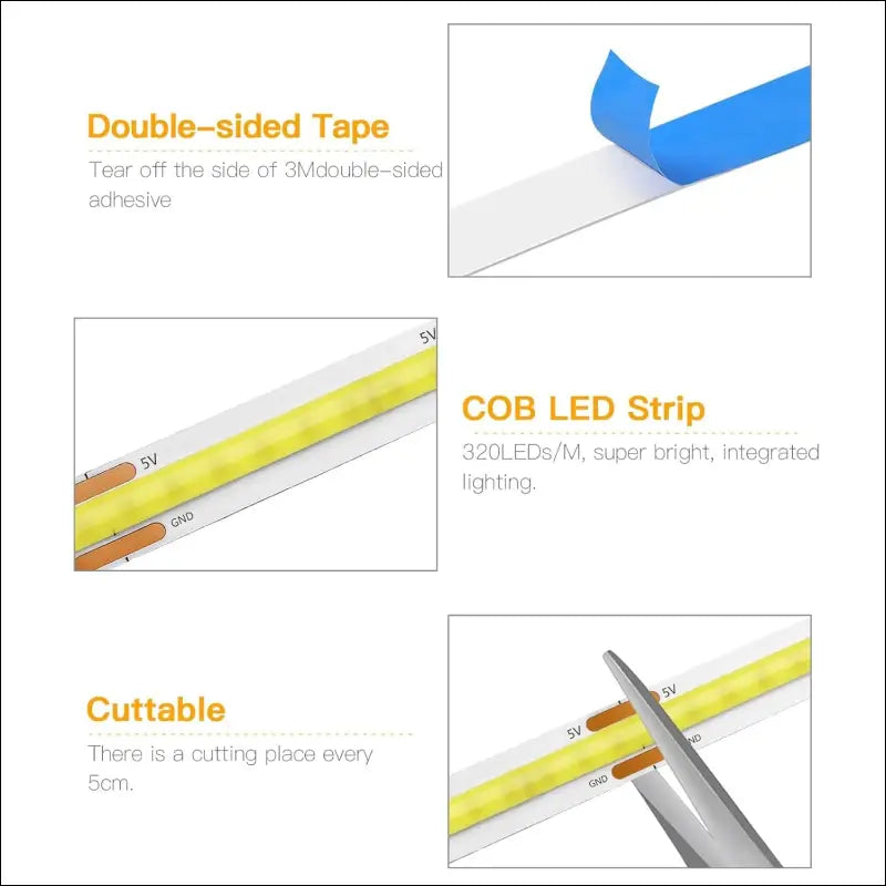 LRGBST 5 V USB WiFi COB LED Strip, 6000 K 2 m White COB LED Strip with Tuya App, Smart Life App for Indoor Living Room Display Cabinet Decorating Lighting