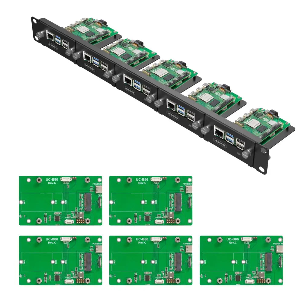 UCTRONICS 1U Rack Mount for Raspberry Pi 5 19’’ Server Rack with 5 PCIe to M.2 NVME SSD Adapters Support Up to 5 Pi 5