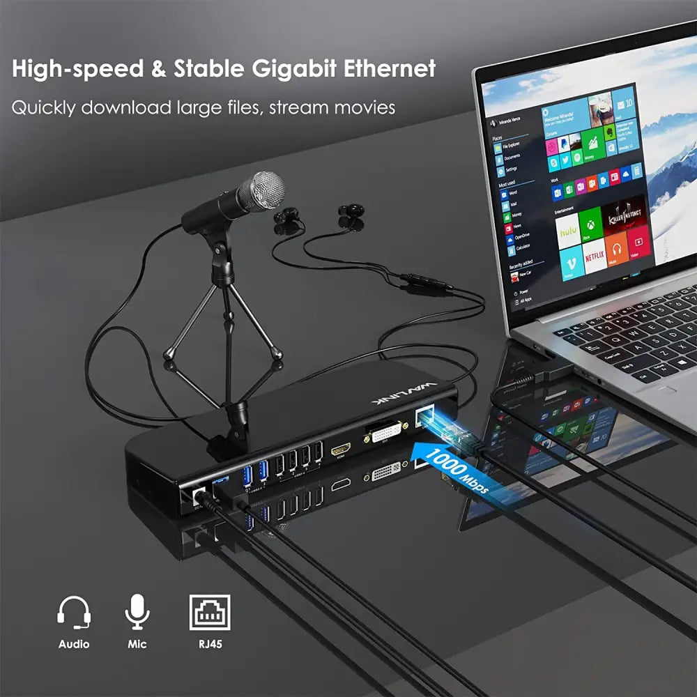 USB 3.0 Universal Docking Station, USB 3.0 Laptop Docking Station Dual Display with HDMI & DVI to VGA/HDMI, Gigabit Ethernet, 6 USB Ports, Audio for Laptop, Ultrabook and PC, No Power Charging