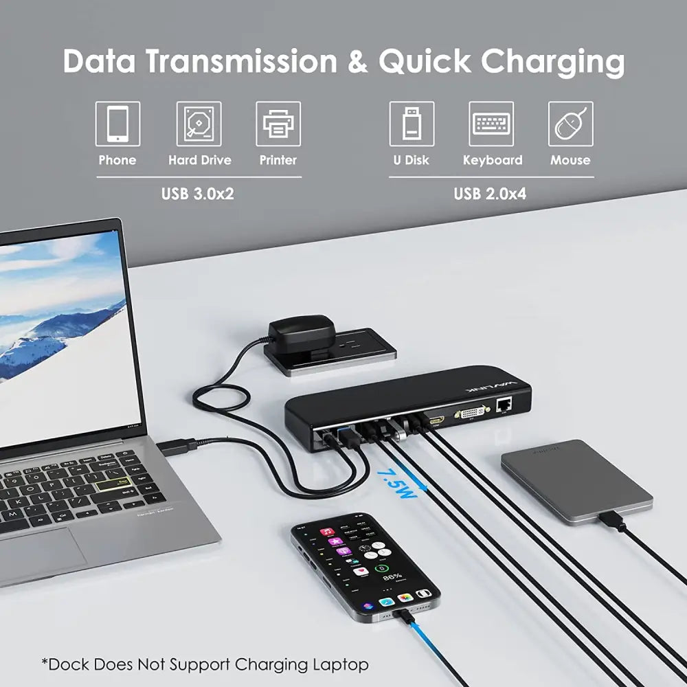 USB 3.0 Universal Docking Station, USB 3.0 Laptop Docking Station Dual Display with HDMI & DVI to VGA/HDMI, Gigabit Ethernet, 6 USB Ports, Audio for Laptop, Ultrabook and PC, No Power Charging