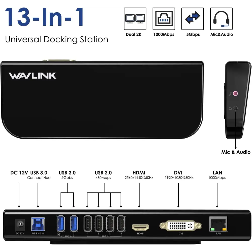 USB 3.0 Universal Docking Station, USB 3.0 Laptop Docking Station Dual Display with HDMI & DVI to VGA/HDMI, Gigabit Ethernet, 6 USB Ports, Audio for Laptop, Ultrabook and PC, No Power Charging
