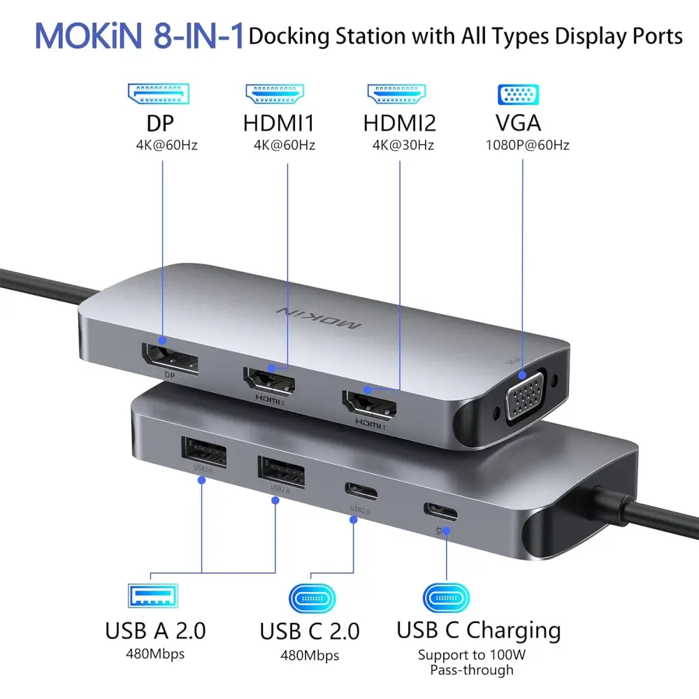 USB C Docking Station Dual Monitor, Laptop Docking Station with 2 HDMI, VGA, 3 USB 3.1, 2 USB 2.0, PD Charging, Ethernet, Audio&Mic for Dell XPS/Steam Deck/HP/ASUS/Lenovo ThinkPad/Surface