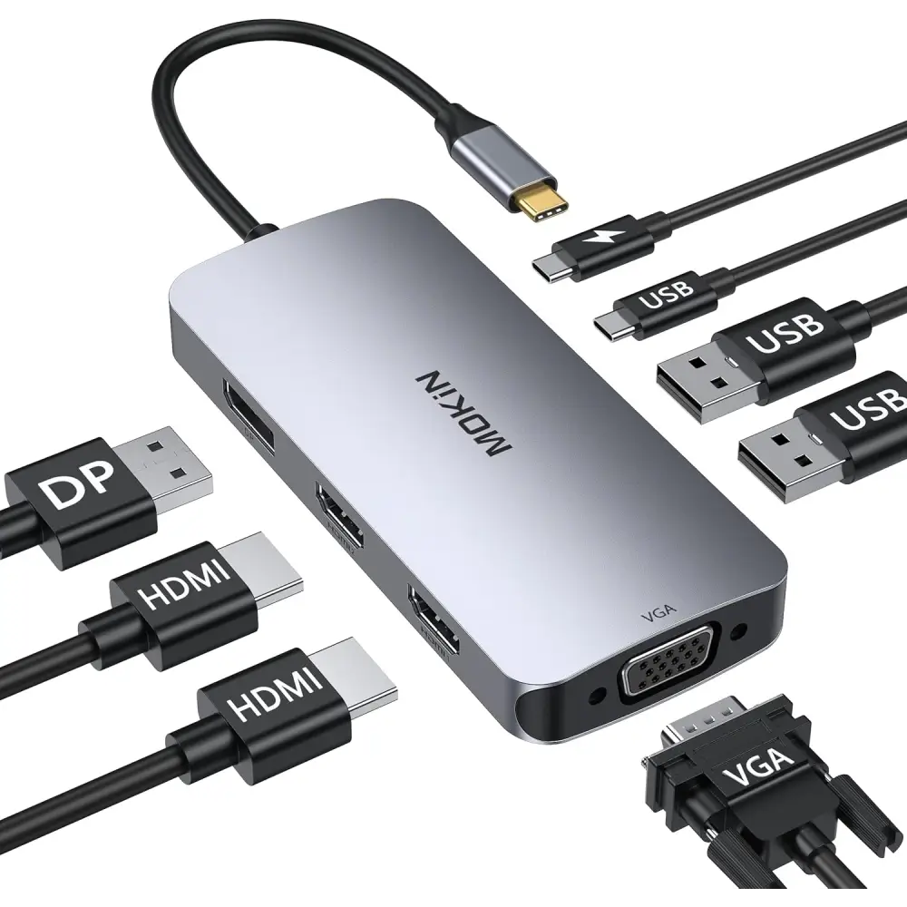 USB C Docking Station Dual Monitor, Laptop Docking Station with 2 HDMI, VGA, 3 USB 3.1, 2 USB 2.0, PD Charging, Ethernet, Audio&Mic for Dell XPS/Steam Deck/HP/ASUS/Lenovo ThinkPad/Surface