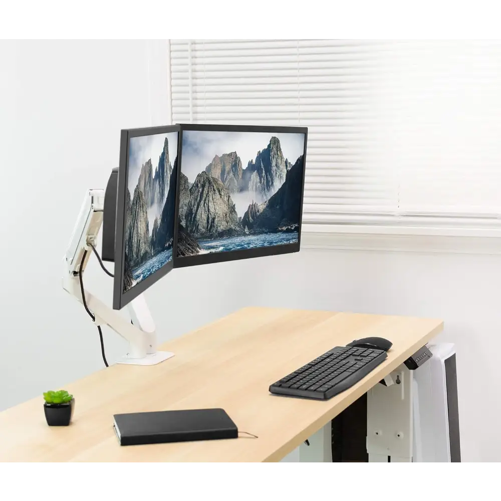 VIVO Articulating Dual 17 to 27 inch Pneumatic Spring Arm Clamp-on Desk Mount Stand, Fits 2 Monitor Screens with Max VESA 100x100, White, STAND-V102OW