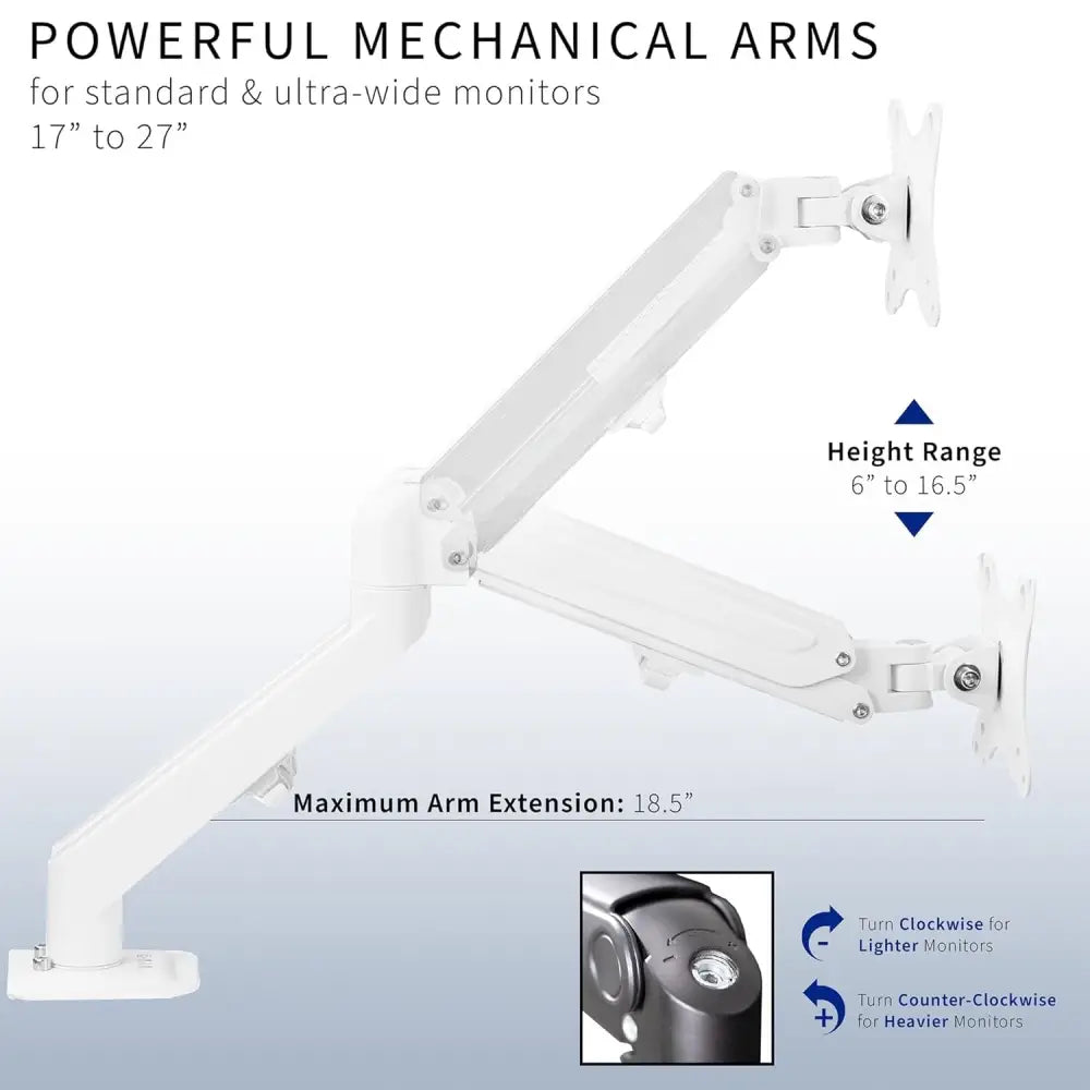 VIVO Articulating Dual 17 to 27 inch Pneumatic Spring Arm Clamp-on Desk Mount Stand, Fits 2 Monitor Screens with Max VESA 100x100, White, STAND-V102OW
