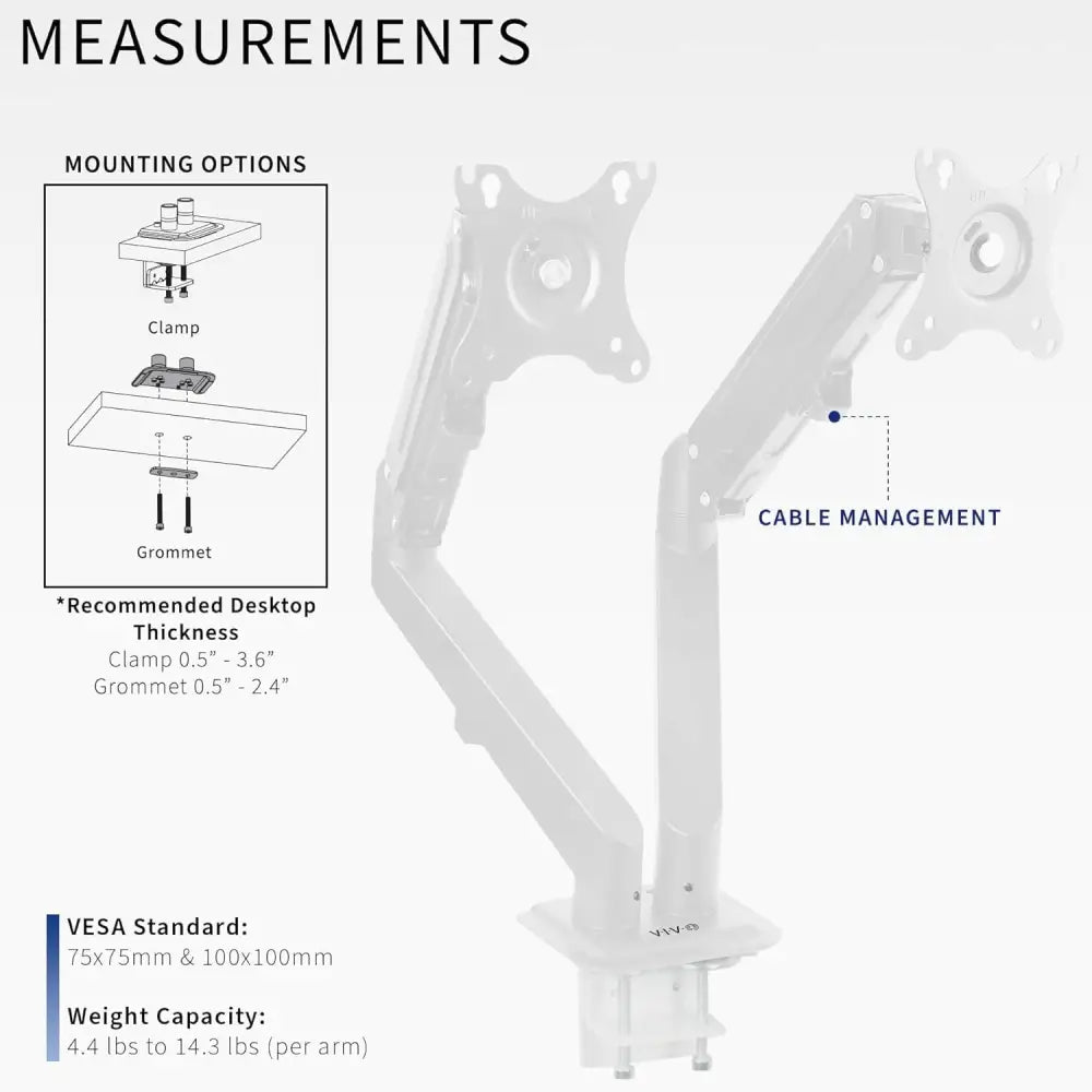 VIVO Articulating Dual 17 to 27 inch Pneumatic Spring Arm Clamp-on Desk Mount Stand, Fits 2 Monitor Screens with Max VESA 100x100, White, STAND-V102OW