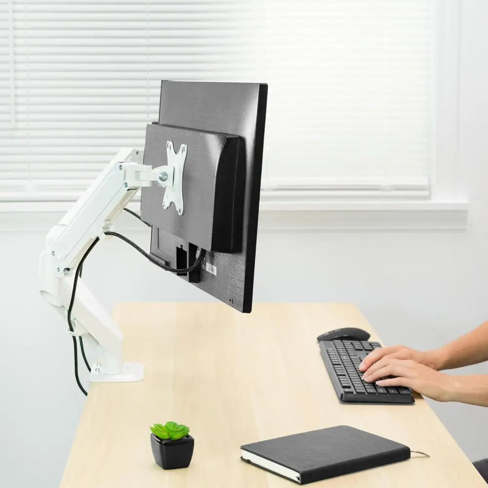 VIVO Articulating Dual 17 to 27 inch Pneumatic Spring Arm Clamp-on Desk Mount Stand, Fits 2 Monitor Screens with Max VESA 100x100, White, STAND-V102OW