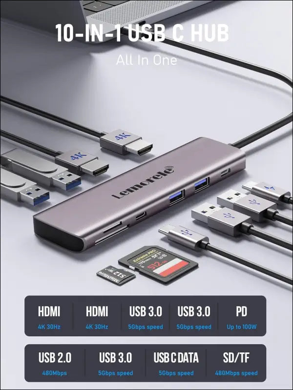 10-in-1 USB C Docking Station Dual Monitors for Windows,Dual HDMI Adapter 4 USB 3.0/2.0, 100W PD, USB-C Data,SD/TF for Dell XPS 13/15, Lenovo Yoga,etc