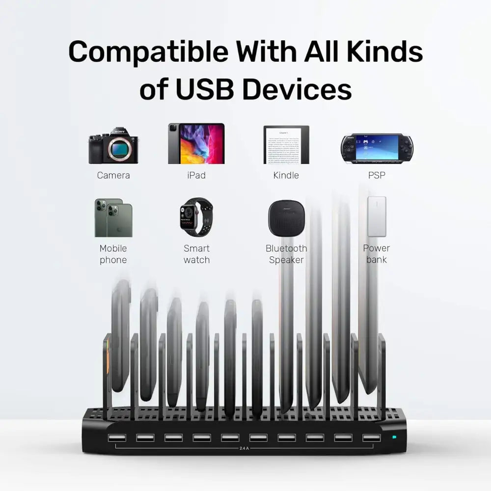 10-Port USB Charging Station, 60W Fast Multi USB Charger with SmartIC Tech, Black, Compatible with iPad, Tablet, Kindle, Cell Phone