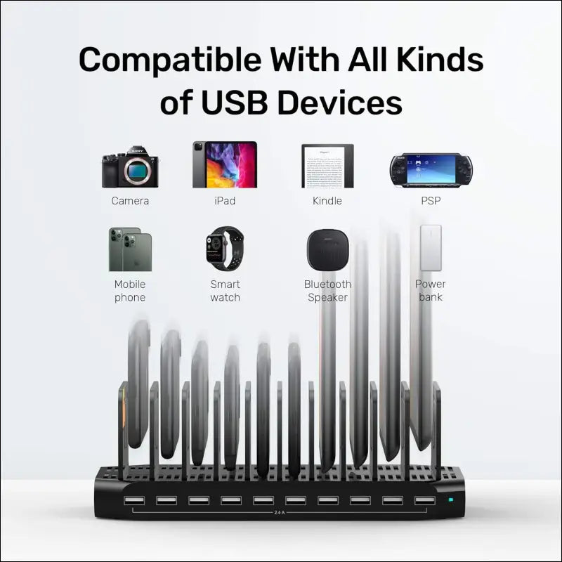 10-Port USB Charging Station, 60W Fast Multi USB Charger with SmartIC Tech, Black, Compatible with iPad, Tablet, Kindle, Cell Phone