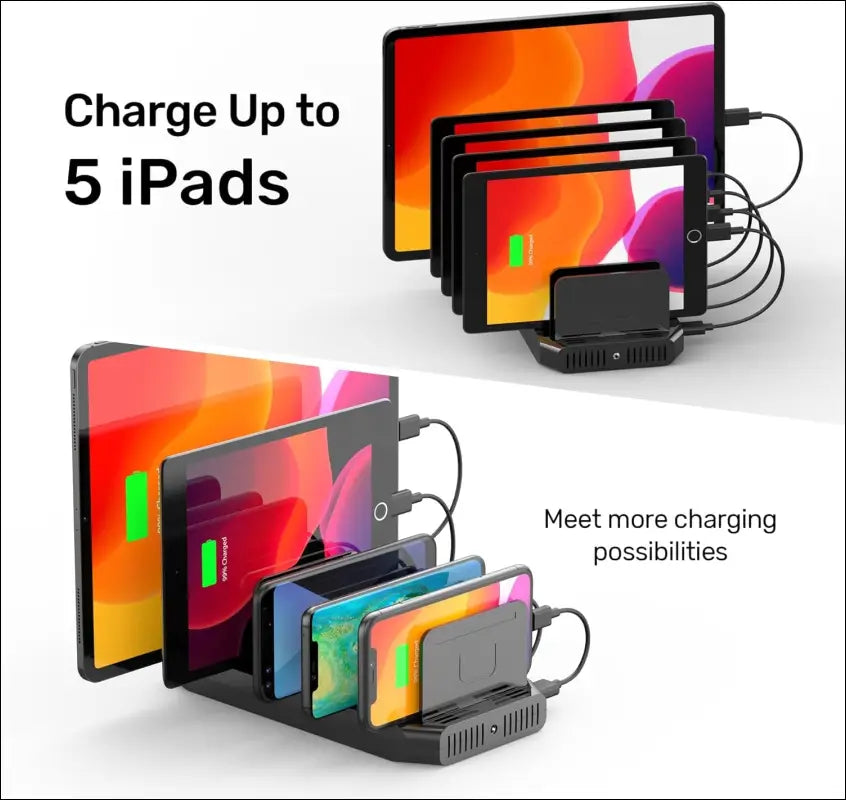 10-Port USB Charging Station, 60W Fast Multi USB Charger with SmartIC Tech, Black, Compatible with iPad, Tablet, Kindle, Cell Phone