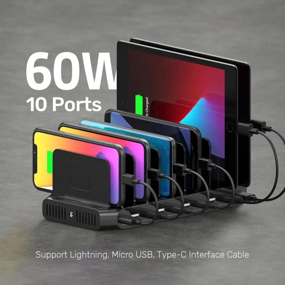 10-Port USB Charging Station, 60W Fast Multi USB Charger with SmartIC Tech, Black, Compatible with iPad, Tablet, Kindle, Cell Phone