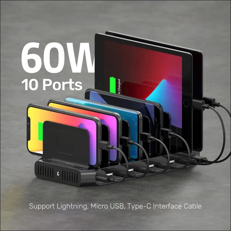 10-Port USB Charging Station, 60W Fast Multi USB Charger with SmartIC Tech, Black, Compatible with iPad, Tablet, Kindle, Cell Phone