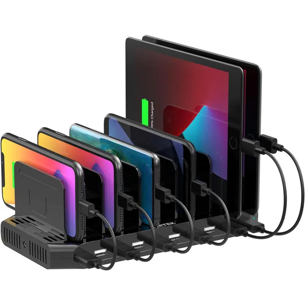10-Port USB Charging Station, 60W Fast Multi USB Charger with SmartIC Tech, Black, Compatible with iPad, Tablet, Kindle, Cell Phone