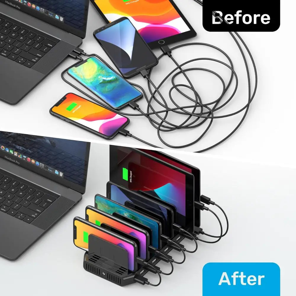 10-Port USB Charging Station, 60W Fast Multi USB Charger with SmartIC Tech, Black, Compatible with iPad, Tablet, Kindle, Cell Phone