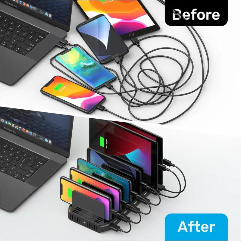 10-Port USB Charging Station, 60W Fast Multi USB Charger with SmartIC Tech, Black, Compatible with iPad, Tablet, Kindle, Cell Phone