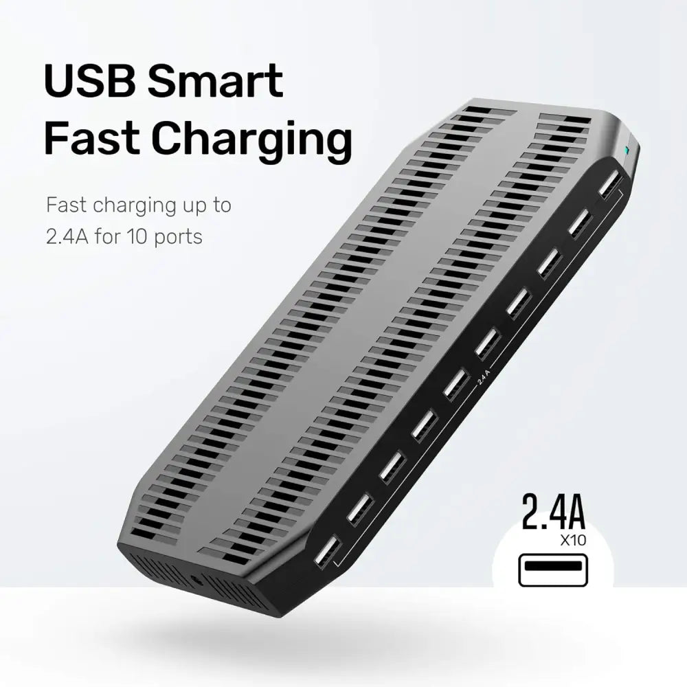 10-Port USB Charging Station, 60W Fast Multi USB Charger with SmartIC Tech, Black, Compatible with iPad, Tablet, Kindle, Cell Phone