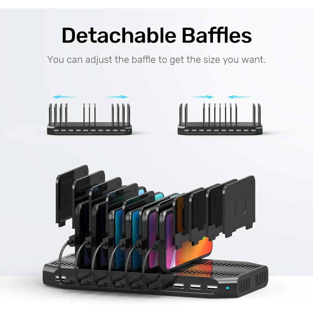 10-Port USB Charging Station, 60W Fast Multi USB Charger with SmartIC Tech, Black, Compatible with iPad, Tablet, Kindle, Cell Phone