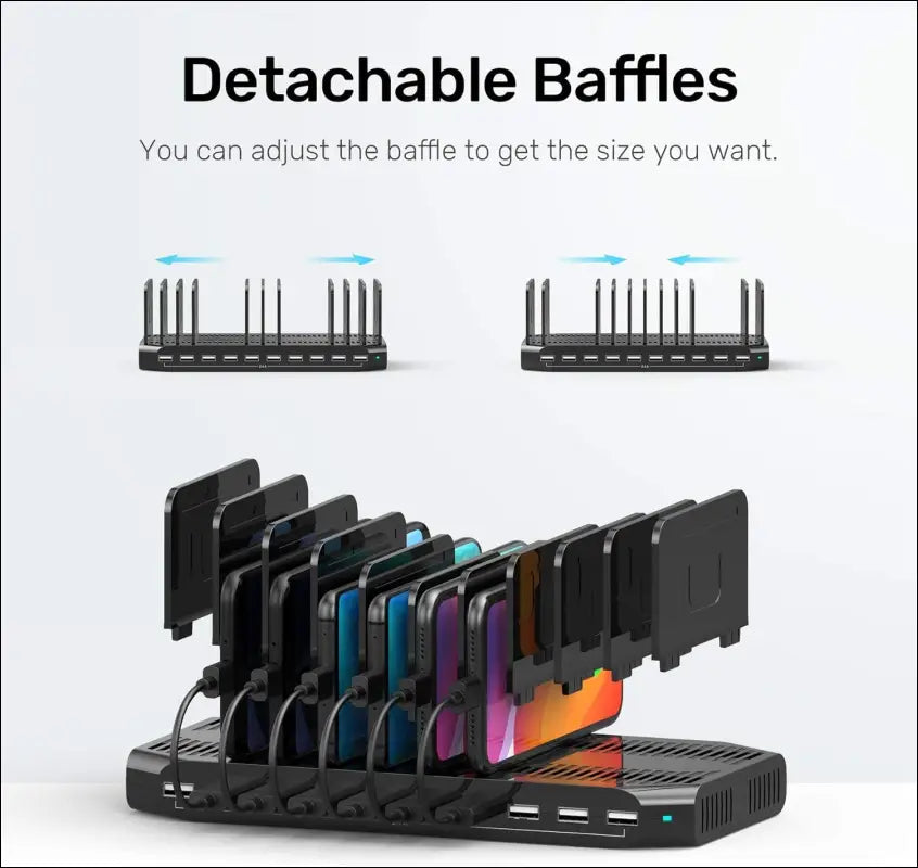 10-Port USB Charging Station, 60W Fast Multi USB Charger with SmartIC Tech, Black, Compatible with iPad, Tablet, Kindle, Cell Phone
