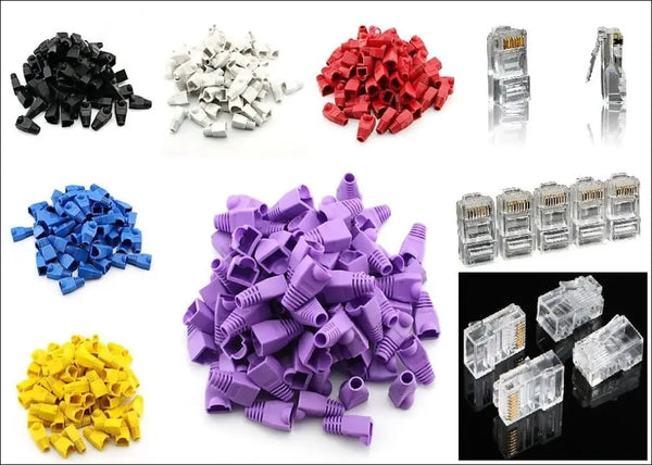 100 x RJ 45 8P8C CAT5E CAT6 Connectors plugs and 100 x RJ45 Boots