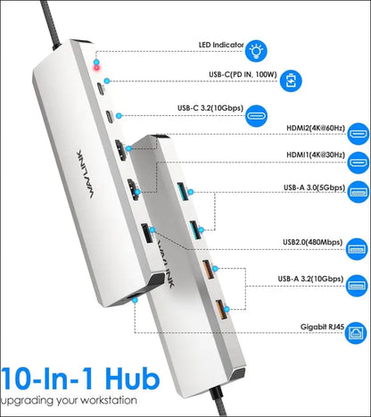 10Gbps USB C Docking Station Dual Monitor, USB C Hub Adapter with Dual HDMI, PD 100W, USB 3.2&USB-C 10 in 1 Hub, 5Gbps USB 3.0, USB 2.0, Ethernet, USB C Dock for Mac/Dell/HP/Lenovo