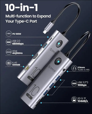 10Gbps USB C Hub, 10-in-1 USB-C Laptop Docking Station to 4K@60Hz HDMI, 3×USB 3.2 10G,USB 3.0,100W PD,SD/TF Card Reader,Gigabit Ethernet,Audio for Dell/Surface/HP/Lenovo Laptops