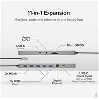 11-in-1 USB-C Hub 100W USB-C Pass-Through, Laptop Docking Station Dual Monitor with 4K 60Hz HDMI, Compatible with Thunderbolt 4/3, USB-C Windows, Chromebooks, 1x USB-C, 3X USB, SD, Ethernet