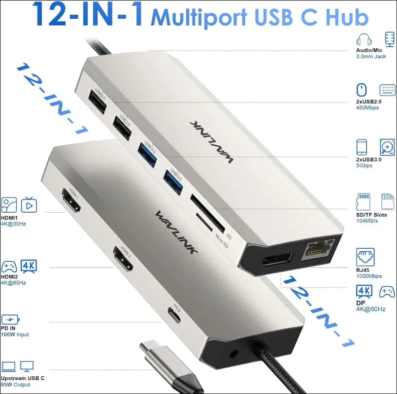 12-in-1 USB C Docking Station Triple Monitor USB C Hub Dual HDMI Adapter, Type C Multiport Hub Triple Display 4K HDMI DisplayPort, USB 3.0/2.0 Ports, Ethernet, 85W PD, TF/SD Card Reader, Audio