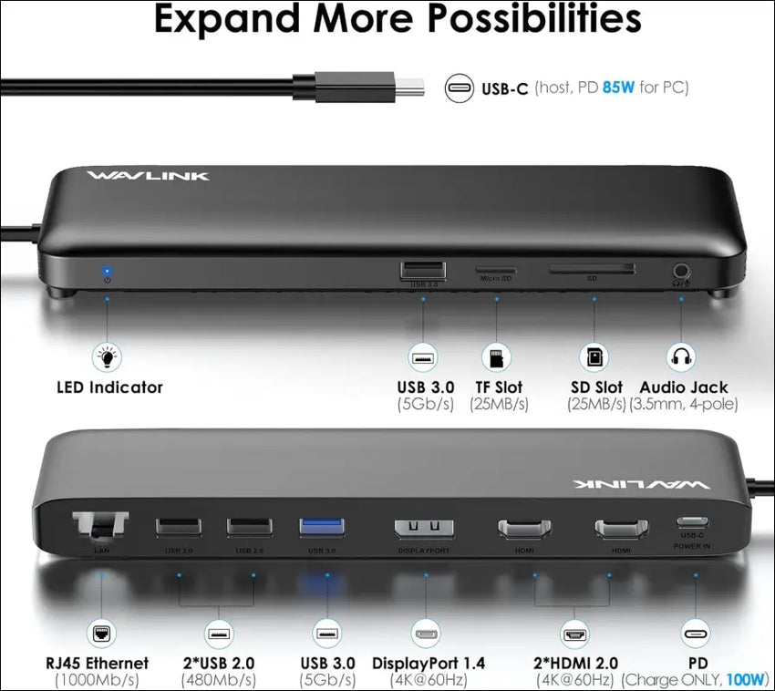 12-in-1 USB C Triple Display Docking Station Support 85W Charging for PC Max 4K@60Hz with DisplayPort HDMI PD USB