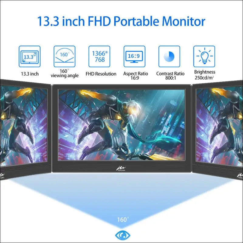 13.3 Inch Portable Monitor, Kenowa Extended Screen HDMI VGA Computer Gaming Display for Computer/Laptop/PC/Windows OS/Raspberry Pi/WiiU/Xbox360/PS4 HD Resolution 1366×768