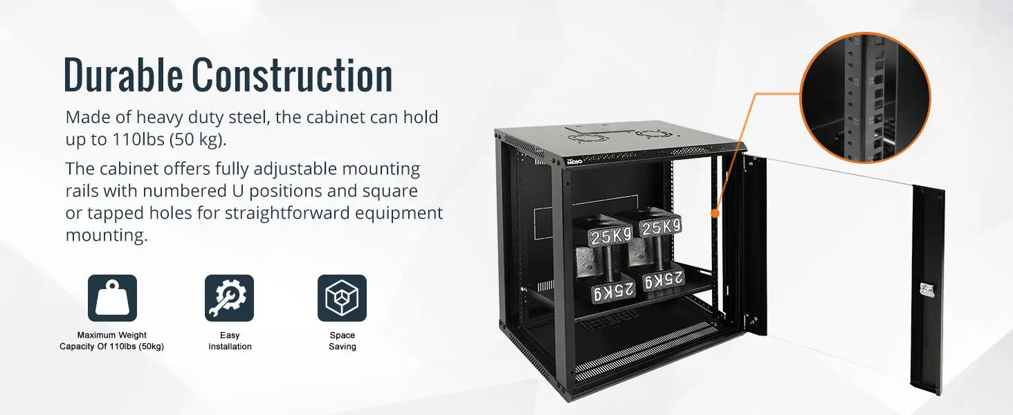 Tecmojo 12RU Wall Mount Network Cabinet Data Server Rack Enclosure with Lockable Glass Door and Side Panels 50 kg /110