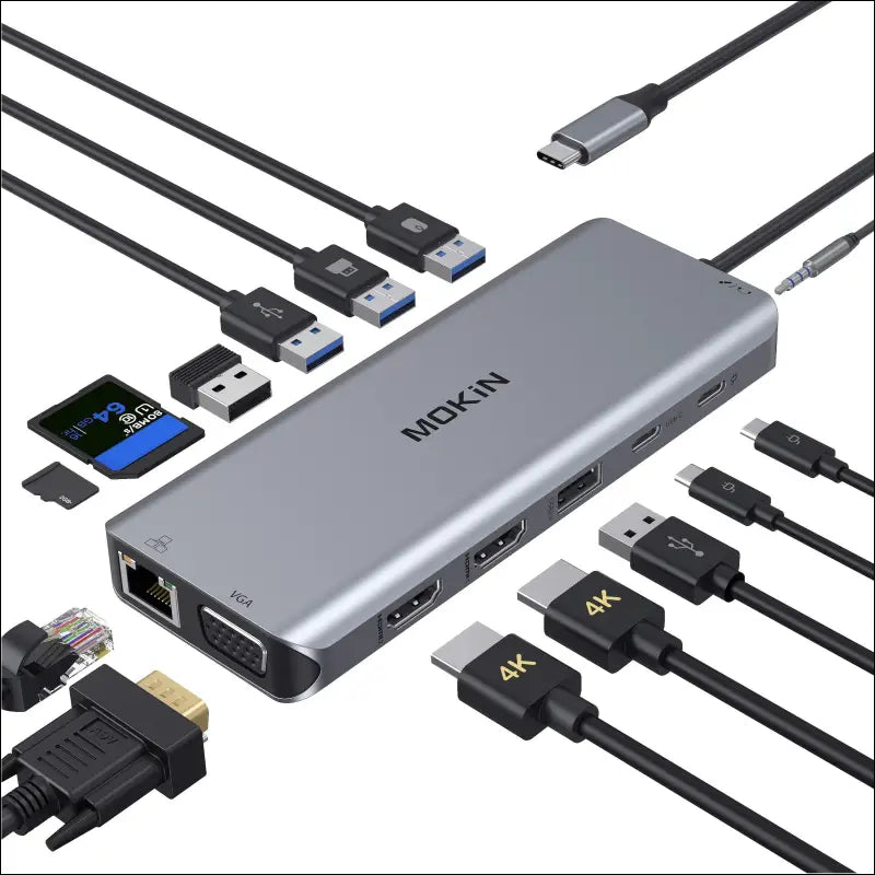 14 in 1 USB-C Docking Station - Dual Monitor Laptop Dock with 2 HDMI VGA 5 USB SD/TF for Dell/Surface/HP/Lenovo Laptops