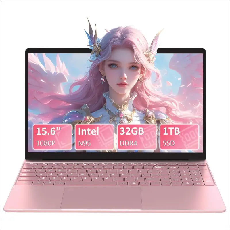 15.6 Inch Full HD Laptop, 32GB DDR4 RAM 1TB SSD, N95 Up to 3.4GHz with Fingerprint Unlock Notebook, Cooling Fan, Webcam, Dual Speakers, Mini HDMI, Student/Business Laptop - Pink