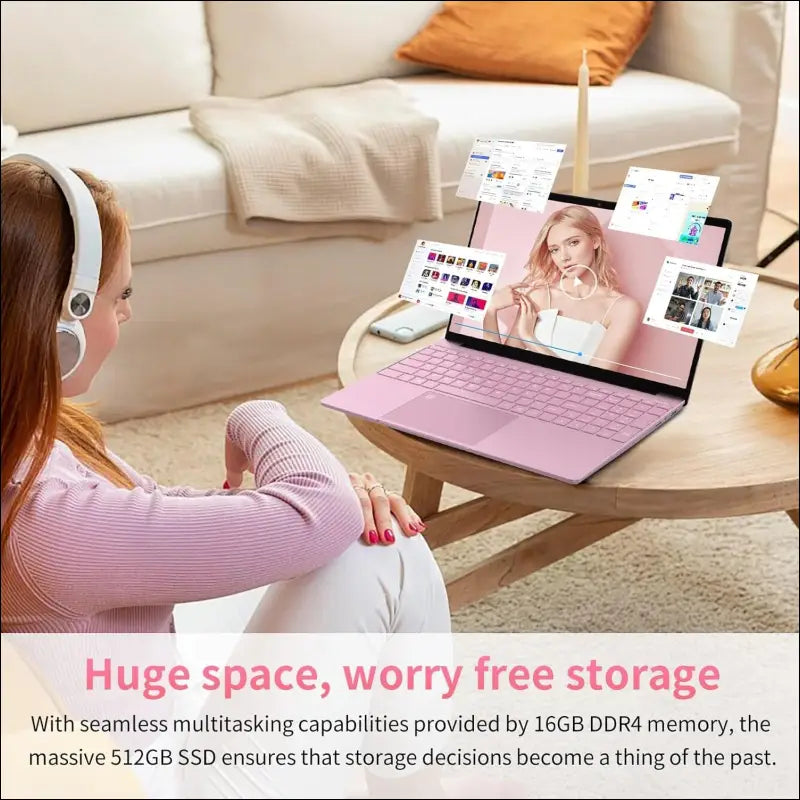 15.6 Inch Full HD Laptop, 32GB DDR4 RAM 1TB SSD, N95 Up to 3.4GHz with Fingerprint Unlock Notebook, Cooling Fan, Webcam, Dual Speakers, Mini HDMI, Student/Business Laptop - Pink