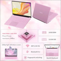 15.6 Inch Full HD Laptop, 32GB DDR4 RAM 1TB SSD, N95 Up to 3.4GHz with Fingerprint Unlock Notebook, Cooling Fan, Webcam, Dual Speakers, Mini HDMI, Student/Business Laptop - Pink