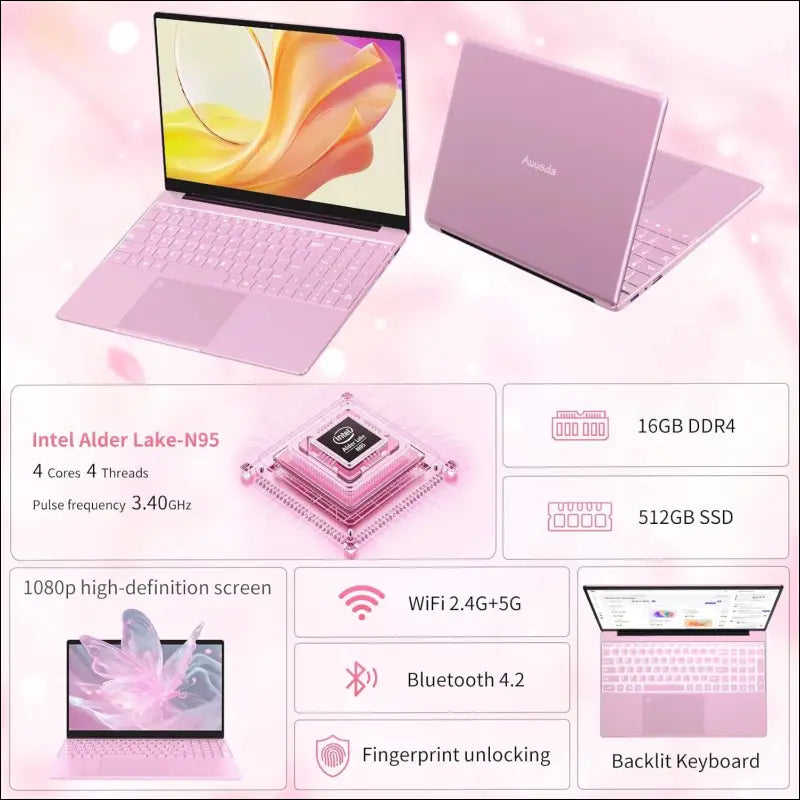 15.6 Inch Full HD Laptop, 32GB DDR4 RAM 1TB SSD, N95 Up to 3.4GHz with Fingerprint Unlock Notebook, Cooling Fan, Webcam, Dual Speakers, Mini HDMI, Student/Business Laptop - Pink