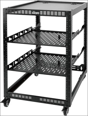 16U Open Frame Network Rack for IT &AV Gear, 16RU AV Rack 4-Post with Mobile Casters and 2 PCS Vented 19'' Front Mounting Rack Shelf with Rear