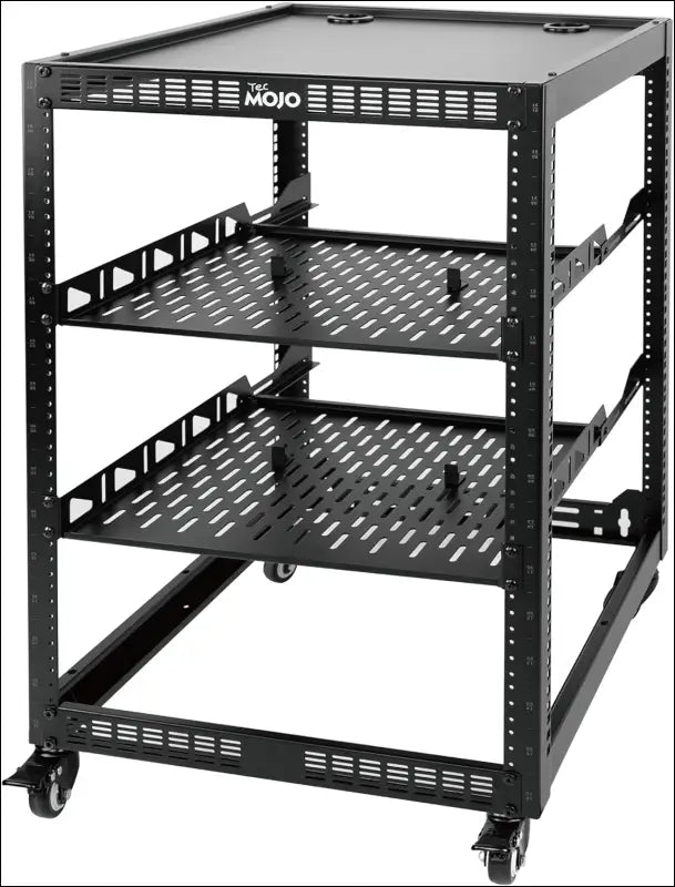 16U Open Frame Network Rack for IT &AV Gear 16RU AV Rack 4-Post with Mobile Casters and 2 PCS Vented 19’’ Front