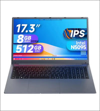 17 Inch Laptop, 8GB RAM 512GB SSD Laptop with Celeron Quad Core N5095 (up to 2.9GHz), German Keyboard, IPS FHD Display, Webcam, Dual WiFi, Bluetooth 4.2, HDMI, USB 3.0, Type-C