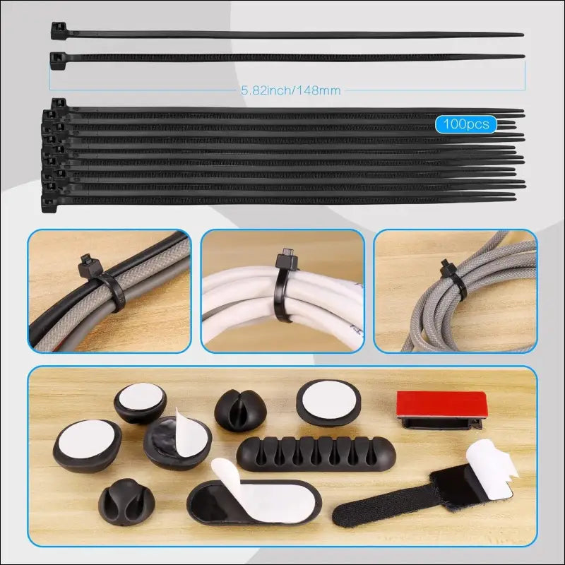 188Pcs Cable Management Kit, 4 Cable Sleeve Split with 52 Self Adhesive Cable Clips Holder, 10 Cable Ties, 20 Wall Cable Ties, 2 Roll and 100 Quick Cable Ties for Home Office...