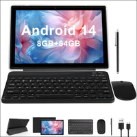 2 in 1 Tablet 10 Inch Android 14 OS Tableta, Tablets with Keyboard, Mouse, Case, Stylus, 64GB ROM+8GB RAM, 2MP+8MP Dual Camera, Quad Core Processor, 6000mAh Battery, 10.1 in FHD...