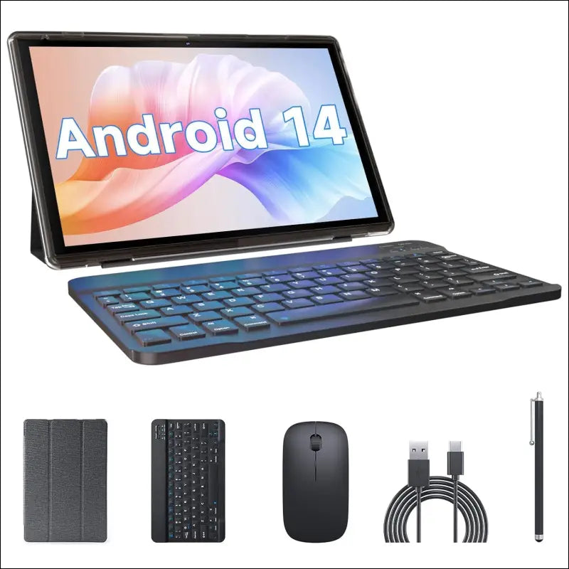 2 in 1 Tablet with Keyboard Case Mouse Stylus, 10 inch Tablet Android 14 Tablets PC, 6GB RAM+32GB ROM 1TB Expandable Tableta, 6000mAh Battery IPS 10.1" Tab 2MP+8MP Dual Camera...