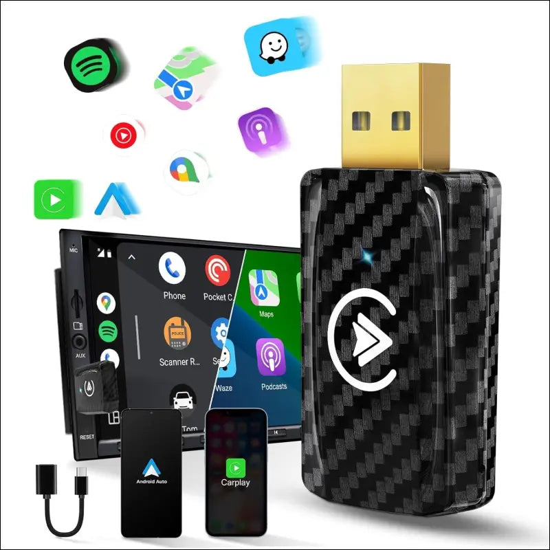 2 in 1 Wireless Carplay Adapter & Android Auto Wireless Adapter, 2in1 Auto Car Play Dongle for OEM Wired Carplay AndroidAuto Car with iPhone iOS 12+ / Android 11+, Carbon Fiber...